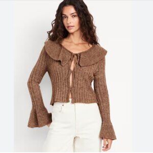 Wool-Blend Ruffle Tie-Front Cropped Cardigan